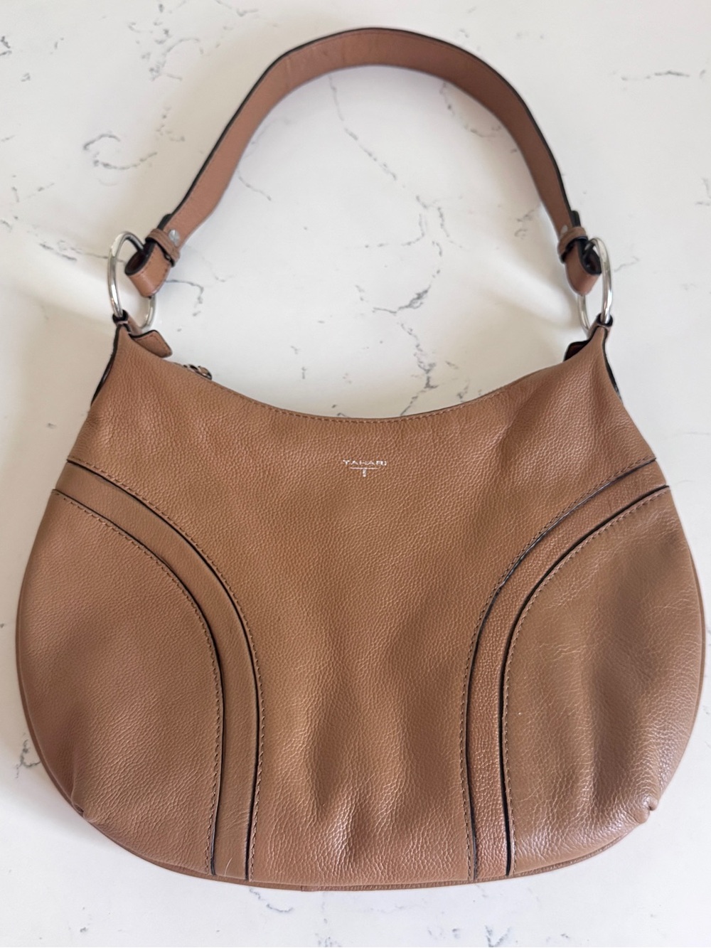 Tahari Tan Pebbled Genuine Leather Hobo Bohemian Shoulder Bag Silver Accents EUC - Picture 5 of 15